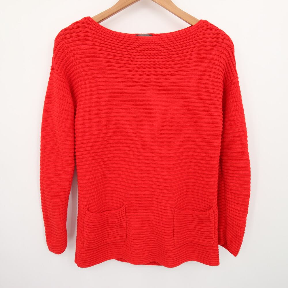 Vince Camuto Sweater Red Orange Ribbed Front Pockets Boat Neck Long Sleeve XS